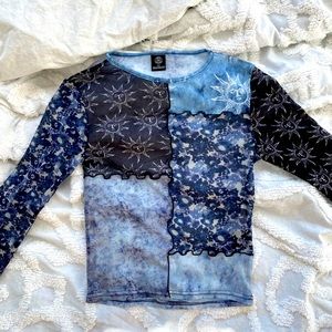 UO Blue Stars and Moon Mesh Long Sleeve Shirt